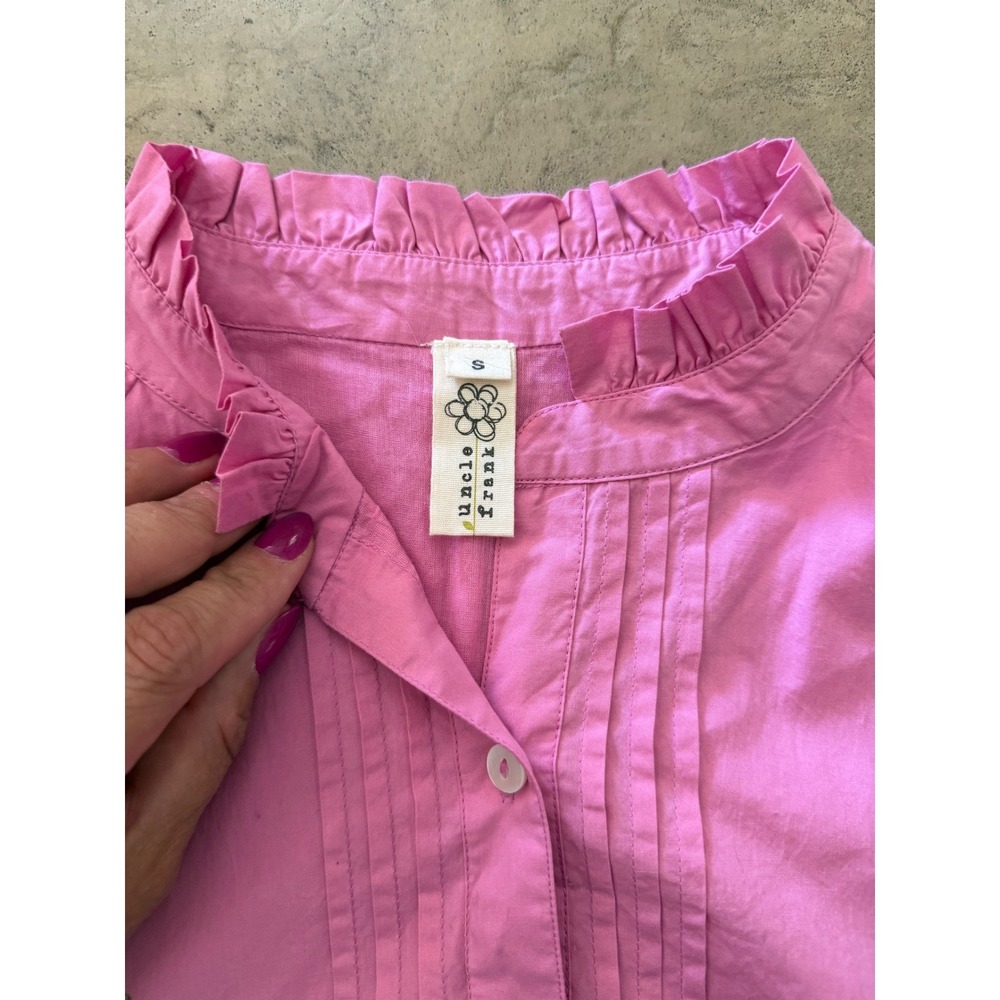 Uncle Frank Pink Embroidered Cotton Shift Dress Ruffle Neck Pintuck Small - Picture 8 of 10